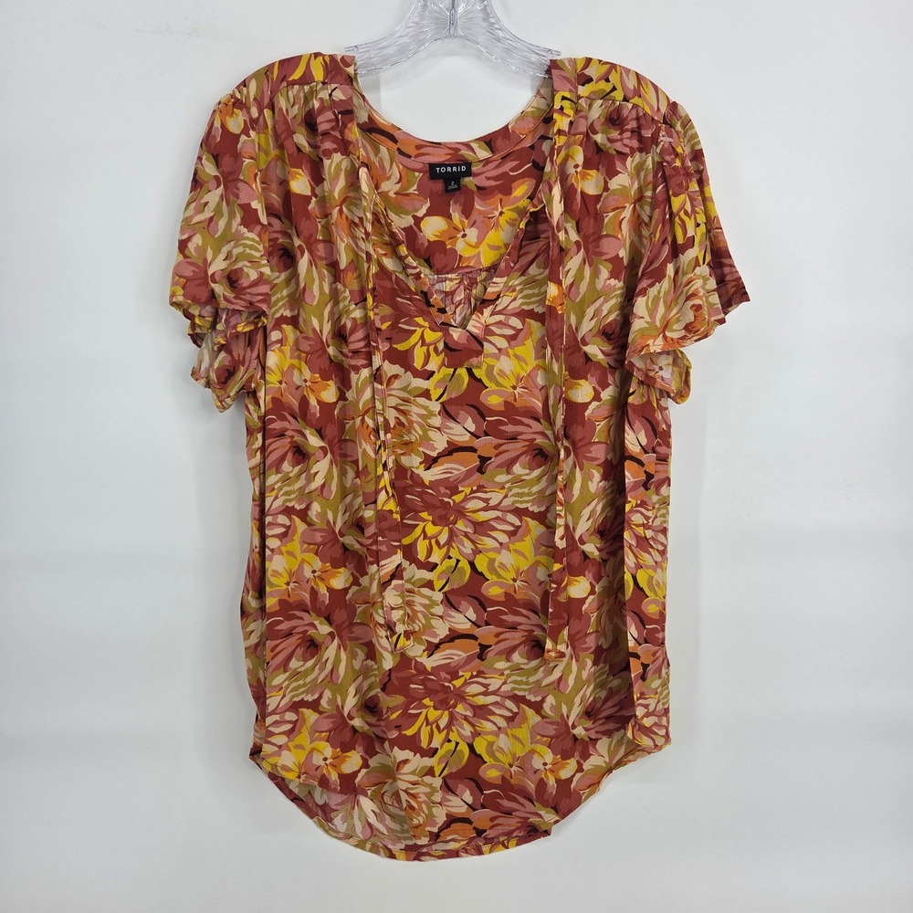Torrid Blouse 2 Orange Floral Tie Neck Flutter Sleeve Boho Art-Inspired Top